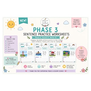 May include: Phase 3 sentence practice worksheets featuring four educational pages with colourful illustrations of a lighthouse, ship, well, and barn. The document includes text, phonics exercises, and decorative elements like a sun, clouds, and flowers.