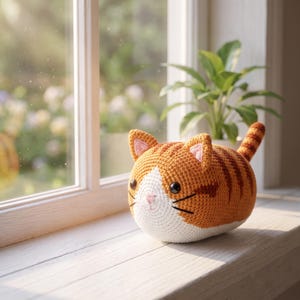 Op de afbeelding: Een rond, gehaakt knuffeldier in de vorm van een kat, gemaakt van oranje en wit garen. De kat heeft donkerbruine strepen, zwarte plastic ogen, een klein roze geborduurd neusje en zwarte snorharen. Het heeft een rond lichaam en een kleine, omhoogstaande, gestreepte staart.