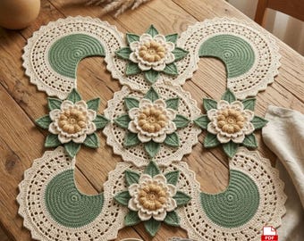 Puede incluir: Un camino de mesa cuadrado de ganchillo con una base de color crema y cuatro grandes motivos circulares en las esquinas. El diseño incluye cinco adornos florales tridimensionales en crema y amarillo, rodeados de hojas verde salvia.
