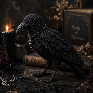 May include: A black crocheted raven figurine featuring a textured yarn body, a pointed beak, and a dark necklace with a small crescent moon charm. The bird stands on thin, articulated legs and has glossy black eyes, crafted with intricate stitching.