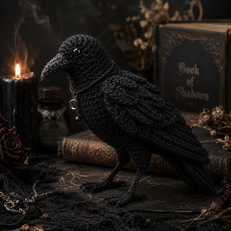 May include: A black crocheted raven figurine featuring a textured yarn body, a pointed beak, and a dark necklace with a small crescent moon charm. The bird stands on thin, articulated legs and has glossy black eyes, crafted with intricate stitching.