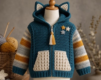 Puede incluir: Una chaqueta de ganchillo con capucha en color verde azulado, orejas de gato en la capucha, cremallera con borla amarilla y blanca, dos bolsillos delanteros color crema y mangas a rayas en verde azulado, gris y amarillo mostaza con tres estrellas.