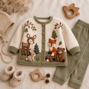 Könnte beinhalten: Eine cremefarbene Häkelstrickjacke mit Waldtier-Applikationen wie Reh, Hase, Fuchs und Bär, mit grünen Rändern und Holzknöpfen. Das Set enthält passende cremefarbene Häkelschuhe, eine Häkelhaube und eine olivgrüne Strickhose.