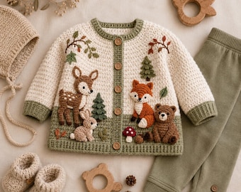 May include: A cream-coloured crochet cardigan featuring woodland animal appliques including a deer, rabbit, fox, and bear, with green trim and wooden buttons. The set includes matching cream crochet booties, a crochet bonnet, and olive green knit trousers.