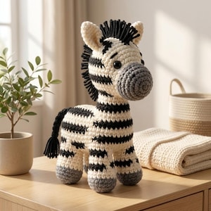 Puede incluir: Un peluche de cebra tejido a ganchillo con cuerpo color crema, rayas negras, crin negra, cola negra con borla y pezuñas grises. La cebra tiene un hocico gris redondeado y dos ojos oscuros y redondos, en una posición vertical de pie.
