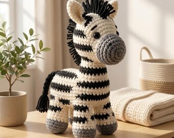Puede incluir: Un peluche de cebra tejido a ganchillo con cuerpo color crema, rayas negras, crin negra, cola negra con borla y pezuñas grises. La cebra tiene un hocico gris redondeado y dos ojos oscuros y redondos, en una posición vertical de pie.