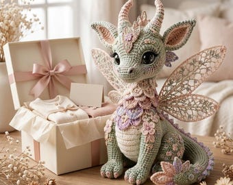 Puede incluir: Un juguete de dragón tejido a ganchillo en tonos verde salvia, rosa suave y lavanda con alas intrincadas tipo encaje, colocado junto a una caja de regalo abierta que contiene ropa plegada color crema y una pequeña tarjeta en blanco sobre madera.