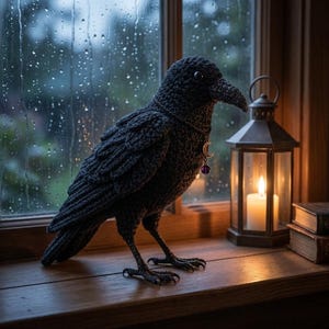 May include: A black crocheted raven figurine featuring a textured yarn body, dark bead eyes, and a thin chain necklace with a small silver crescent moon charm and a purple bead pendant, standing on a wooden surface near a lit candle lantern.