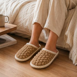 May include: A pair of tan crochet slippers featuring a textured bobble stitch pattern on the upper. The slippers have a solid, light cream-coloured trim around the opening and a flat sole, providing a slip-on design for indoor footwear use.