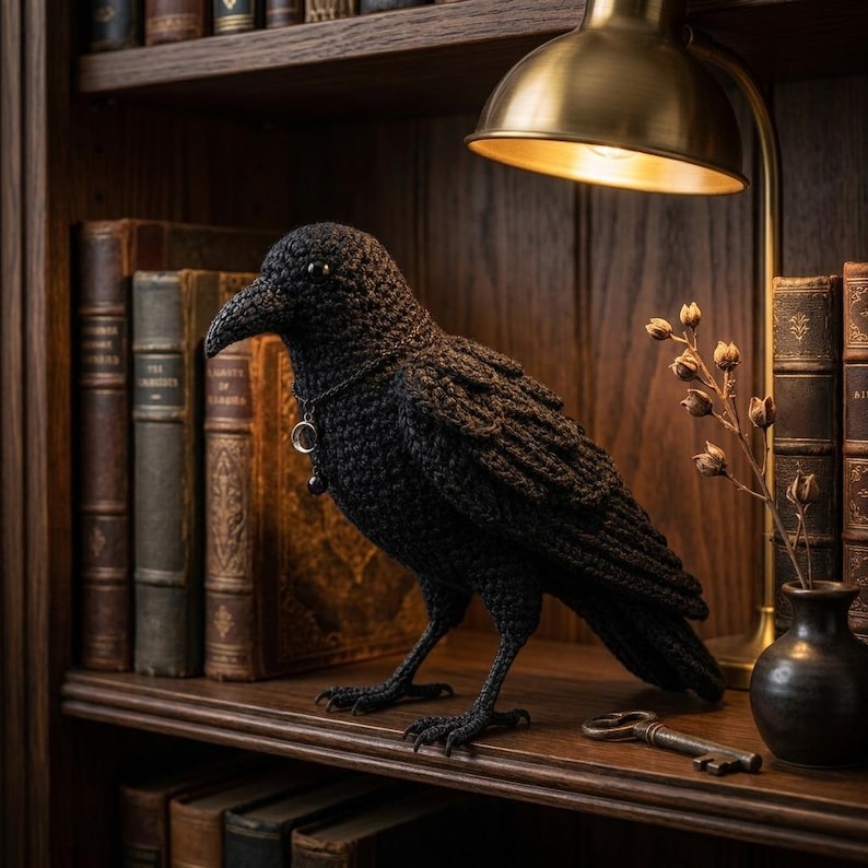 May include: A black crocheted raven figurine featuring a textured yarn surface, a small silver-toned circular pendant around its neck, and detailed clawed feet. The bird is positioned on a wooden shelf alongside a metal key and a small vase.