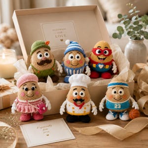 Peut inclure: Un ensemble de six poupées crochetées en forme de pomme de terre dans une boîte cadeau. Les personnages incluent un randonneur, une personne en pyjama, un super-héros, un danseur en jupe rose, un chef et un joueur de basket avec le numéro 23.