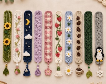 May include: Ten rectangular crochet bookmarks featuring various designs including sunflowers, pink flowers, a night sky with a moon, purple patterns, pink plaid, strawberries, daisies, coffee beans, a green cable knit, and a penguin with a snowflake.