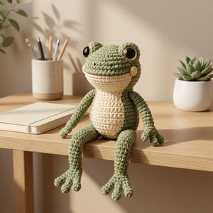Puede incluir: Un peluche de rana tejido a ganchillo con cuerpo verde salvia, vientre color crema y grandes ojos negros con iris dorados. El animal de peluche tiene extremidades largas y articuladas y está sentado erguido con las piernas colgando del borde.