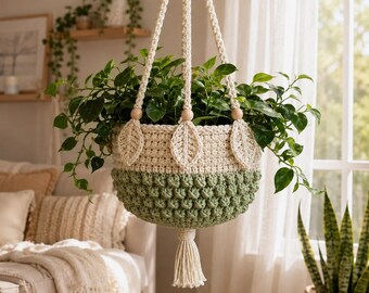 Puede incluir: Una cesta colgante para plantas hecha de hilo color crema y verde salvia, con un patrón de ganchillo texturizado, tres adornos en forma de hoja, cuentas de madera en los cordones de suspensión y una borla larga en el centro inferior.