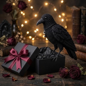 May include: A black crocheted raven figurine featuring a textured yarn body, a pointed beak, and a small silver-toned pendant necklace with a circular charm. The raven is perched on the edge of an open black gift box with a dark maroon ribbon.