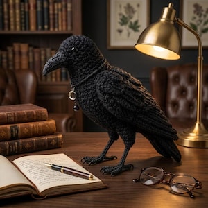May include: A black crocheted raven figurine featuring a small metallic crescent moon pendant hanging from a thin chain around its neck. The bird has textured yarn feathers, dark eyes, and detailed claws, standing on a wooden surface near a book.