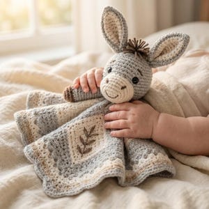 May include: A crochet security blanket featuring a gray donkey head with long ears and a small tuft of brown hair. The attached blanket is square-shaped with a cream-colored center panel displaying a brown embroidered leaf design and a gray border.