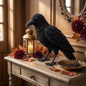 May include: A black crocheted raven figurine wearing a silver necklace with a small purple pendant. The bird stands next to a gold-toned metal lantern containing a lit white candle, surrounded by dark red flowers and scattered autumn leaves.