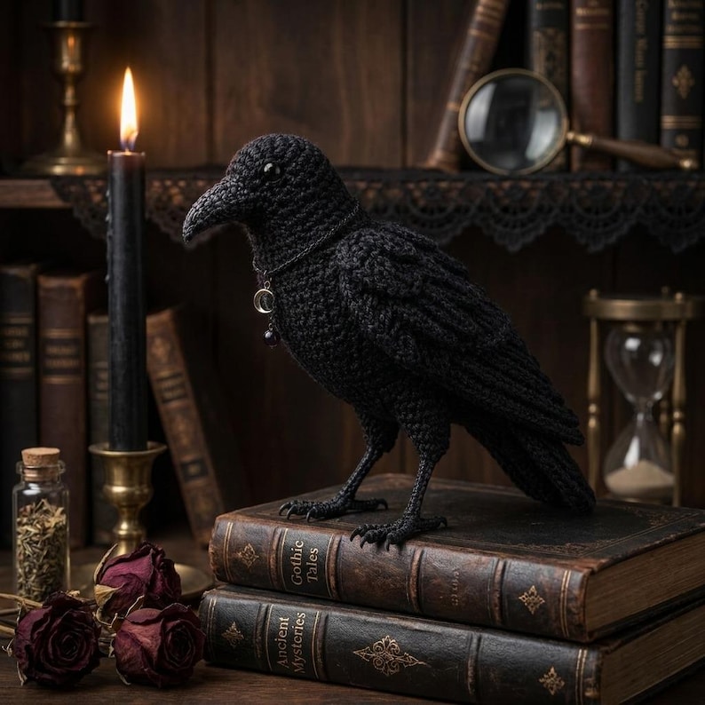 May include: A black crocheted raven figurine standing on two stacked antique books. The raven features a small silver-toned crescent moon pendant around its neck. The bird has textured yarn feathers, a pointed beak, and dark eyes, positioned in a library setting.