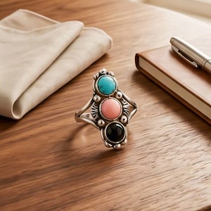 Turquoise Pink Opal Black Onyx Ring, Southwestern Statement Ring, Boho Artisan Gemstone Ring, Western Jewelry, Sterling Silver Ring