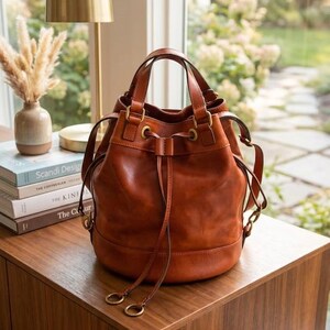 Handmade Italian Leather Bucket Bag, Soft Drawstring Shoulder Purse, Minimalist Tote