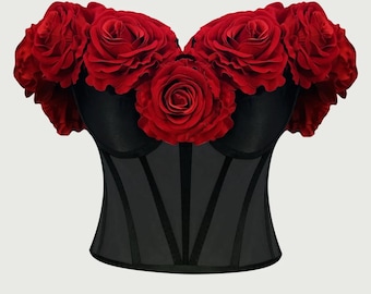 Black Corset With Red Velvet Roses – Couture Floral Bustier