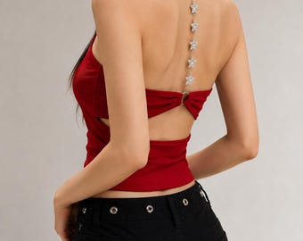 Handmade Halter Crop Top with Rhinestone Star Back Chain, Open Back Sleeveless Tank-Top