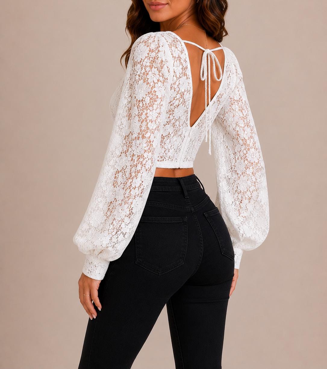 Handmade Floral Lace Crop Top, Sheer Floral-Lace Blouse, Open Back Tie Long Sleeve Top
