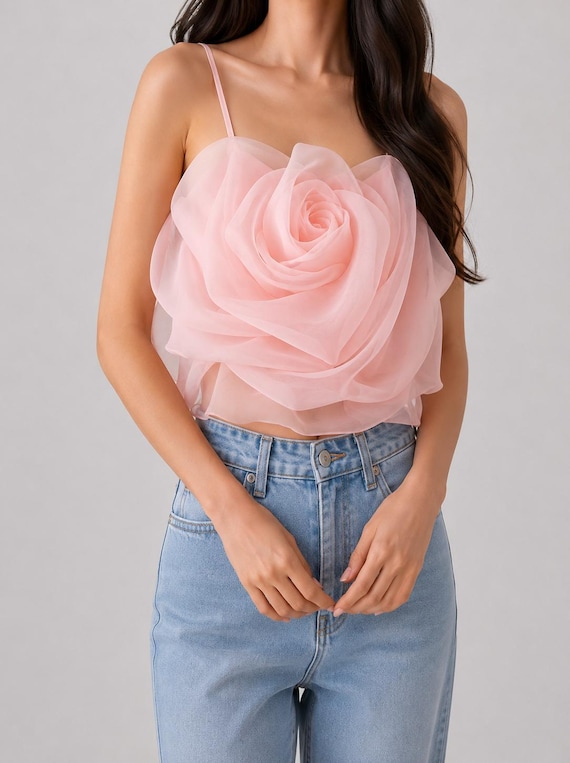 Handmade 3D Rose Organza Crop Top, Soft Organza Flower Crop-Top for Summer Outfit