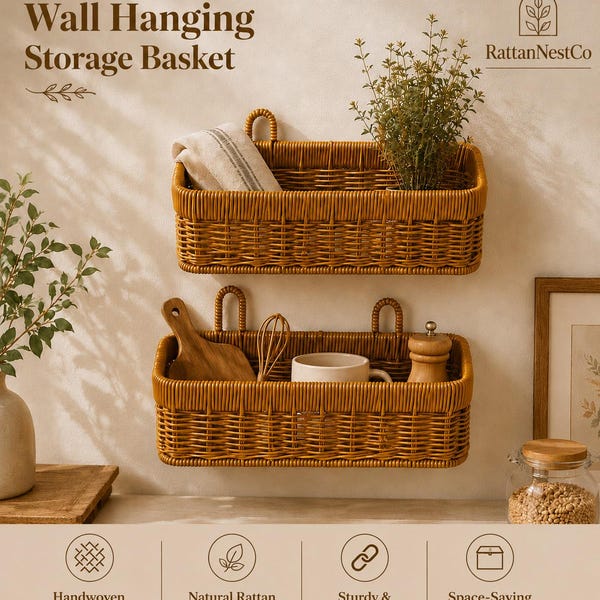 Woven Rattan Wall Basket, Rectangular Hanging Storage Organizer, Farmhouse Kitchen Decor