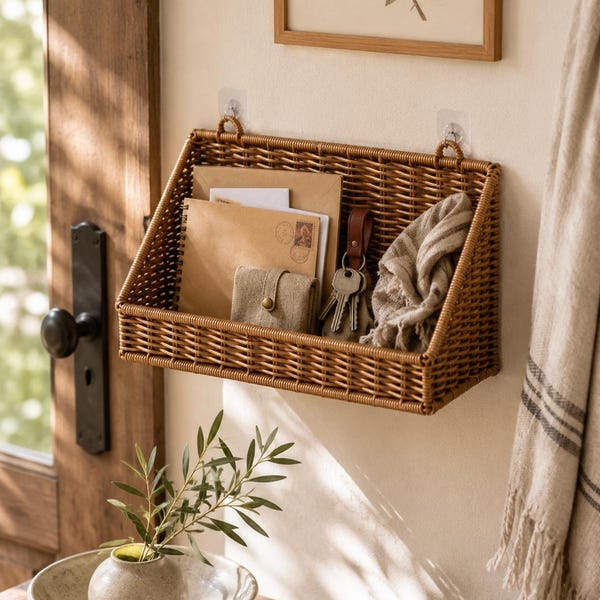 Handwoven Rattan Wall Hanging Basket, Boho Wicker Storage Organizer, Farmhouse Living Room Decor