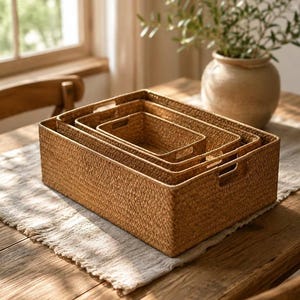 May include: A set of three rectangular woven storage baskets nested inside one another. Each basket features a natural tan colour, a tight braided texture, and integrated cutout handles on the sides for easy lifting and carrying.