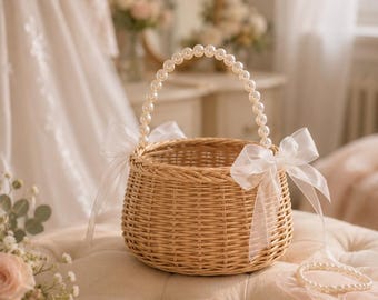 Woven Rattan Basket with Pearl Handle, Boho Flower Girl Easter Wedding Decor