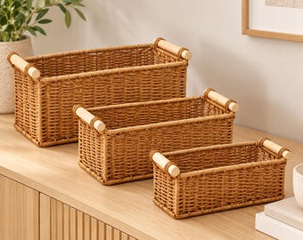 Handwoven Rattan Storage Basket with Wooden Handles, Kitchen Pantry Organizer (Large)