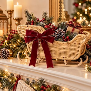 May include: A woven wicker sleigh decoration featuring a large dark red velvet bow on the front. The sleigh is filled with green pine branches, red berries, pinecones, a gold ornament, and a small gift box wrapped with a red ribbon.