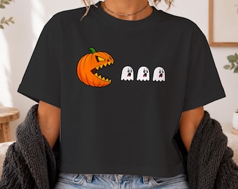 Spooky Pacman Pumpkin Ghost T-Shirt, Retro Gamer Halloween Tee (Soft Cotton)