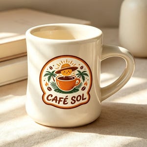 Puede incluir: Una taza de cerámica de color crema con un gráfico circular y el texto CAFÉ SOL. El diseño incluye un sol sonriente con sombrero de paja sobre una taza de café, rodeado de palmeras y granos de café en tonos naranja y verde.