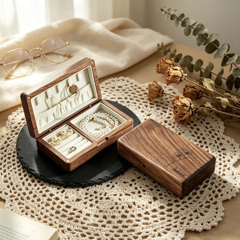 Custom Engraved Wooden Jewelry Box – Personalized Name & Birth Flower ...