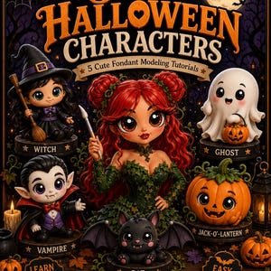May include: A book cover titled Sweet Halloween Characters featuring 5 cute fondant modelling tutorials. The cover displays illustrations of a witch, a ghost, a vampire, a jack-o'-lantern, and a bat, alongside a central red-haired character.