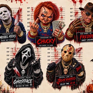 May include: A graphic print featuring five horror movie characters in mugshot poses against a height chart. Each character holds a sign with their name and a tagline. The design includes blood splatters, pumpkins, skulls, and spiderwebs.