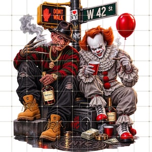 May include: A graphic illustration featuring Freddy Krueger and Pennywise sitting by a street sign labelled W 42 St and I Love NY. Freddy wears a red and green striped jumper, black hat, and tan boots. Pennywise wears a ruffled clown suit and holds a red balloon.