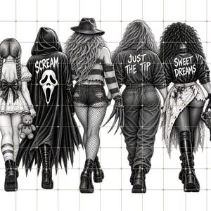 Puede incluir: Una ilustración gráfica en blanco y negro que muestra cinco figuras desde atrás, incluyendo una muñeca con un cuchillo, un personaje Ghostface con el texto SCREAM, una figura con sombrero, un personaje con manos de garra y el texto JUST THE TIP, y una figura con una motosierra y el texto SWEET DREAMS.