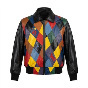 May include: A leather jacket featuring a multi-coloured diamond pattern in red, yellow, blue, green, and brown. The jacket has solid black leather sleeves, a black collar, black ribbed cuffs and hem, and a front zip closure with musical symbols.