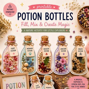 Könnte beinhalten: Druckbares Zaubertrankflaschen-Set mit Etiketten wie Fee, Meerjungfrau und Drache. Die Flaschen sind mit bunten Blumen gefüllt und verkorkt. Enthält ein gerahmtes "Potion Bottle"-Schild, einen Korb mit Flaschen und Wildblumensamen.