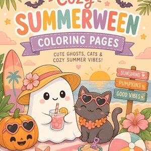 May include: A colorful illustration for "Summerween" coloring pages. The image features a ghost, a black cat, and a pumpkin, all wearing sunglasses. The text reads "Cozy Summerween Coloring Pages" and "Cute Ghosts, Cats & Cozy Summer Vibes!"