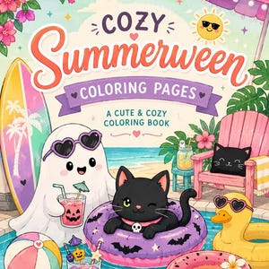 May include: A coloring book cover titled Cozy Summerween Coloring Pages featuring a ghost wearing heart-shaped sunglasses, a black cat in a purple bat-patterned pool float, a yellow duck float, a surfboard, and tropical drinks by a swimming pool.