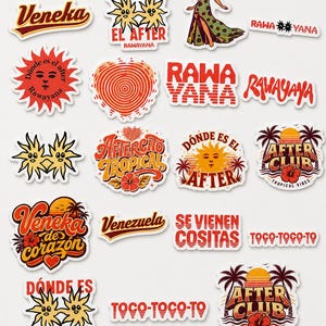 Puede incluir: Una colección de pegatinas troqueladas con varios diseños que incluyen soles, corazones, palmeras, flores de hibisco y texto como Veneka, Rawayana, Donde es el after, After Club y Toco-toco-to en paletas de colores rojo, naranja, amarillo y verde.