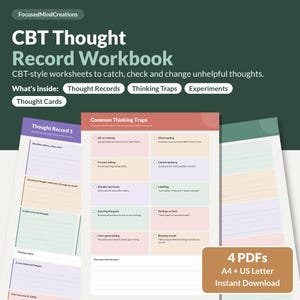 Quaderno di registrazione dei pensieri CBT stampabile, foglio di lavoro sulle trappole del pensiero, distorsioni cognitive, esperimenti comportamentali, aiuto per il rimuginare eccessivo (PDF)
