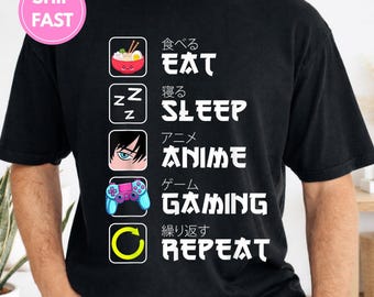 Camiseta engraçada para amantes de anime, camiseta para otaku gamer: "Coma, durma, assista anime, jogue videogame, repita".