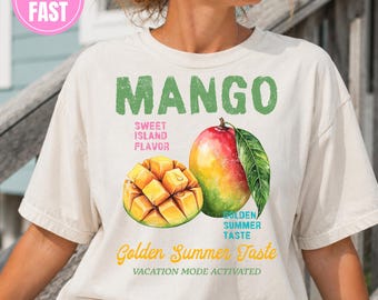 Camiseta retrô de verão com estampa de manga e frutas tropicais para a praia.